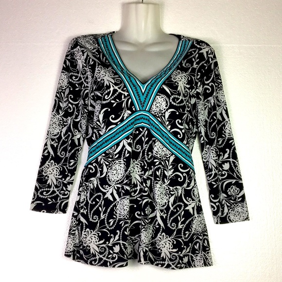 Ann Taylor Loft S Blouse Top Black White Floral V‎ Neck Long Sleeve Back Tie - Picture 1 of 12